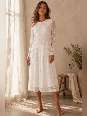 IFT White Lace Midi Dress Medium Oversized Style Sheer Sleeve Open Back